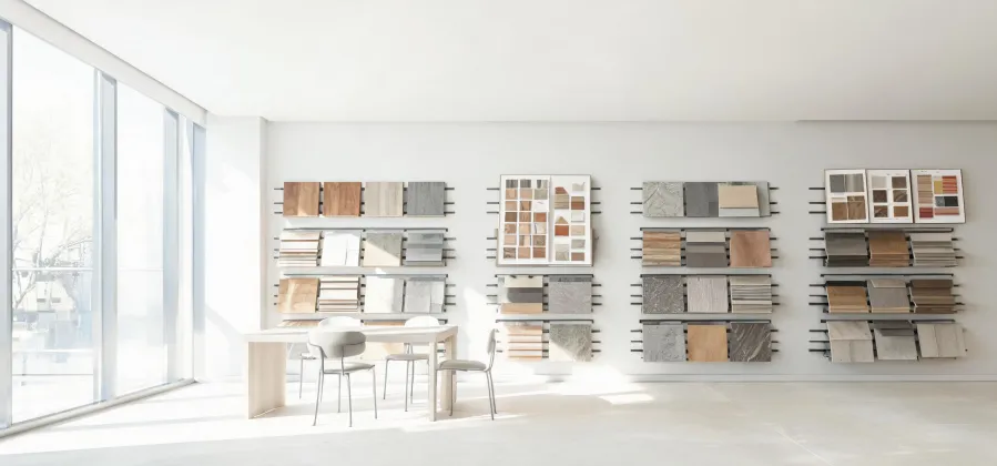 Open collaboration area with flooring mood boards
