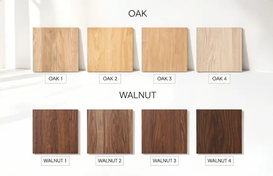 Color matching table with oak and walnut samples