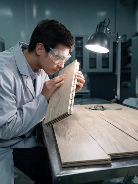 CoreTec QC tech inspecting plank edges