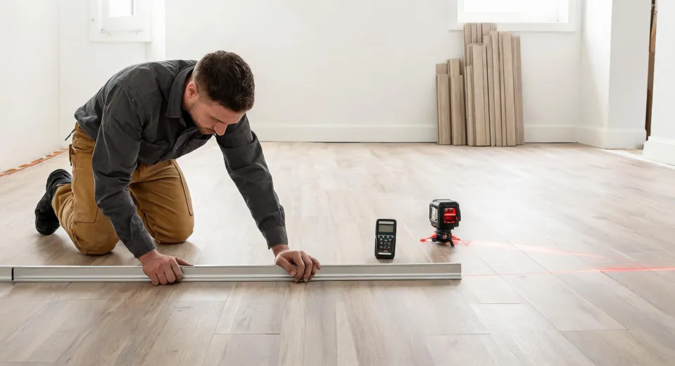 Installer measuring CoreTec plank flatness on jobsite